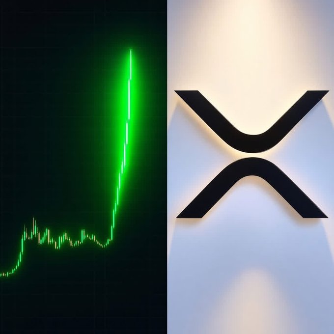 A split image featuring a green candlestick chart showing a sharp price surge on the left, paired with the black XRP logo on the right, visually representing the dramatic price prediction discussed in the post.