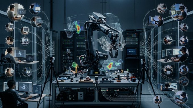A complex scene depicting a central robotic arm surrounded by servers, holographic displays, and multiple people working at computers, with connecting lines suggesting an interconnected data network.