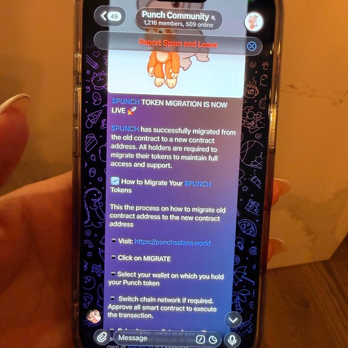 A hand holds a smartphone displaying a Telegram chat for 'Punch Community' (1,216 members) with a message announcing '$PUNCH TOKEN MIGRATION IS NOW LIVE' and migration instructions.