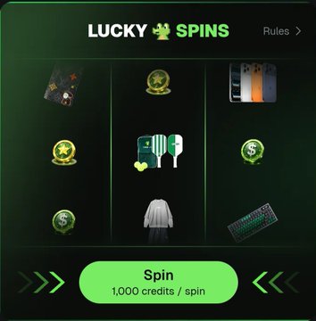 A 'Lucky Spins' slot machine game interface with various symbol icons and a green 'Spin' button costing 1,000 credits per spin.