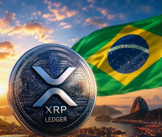 A metallic XRP Ledger coin in the foreground with the Brazilian flag and Rio de Janeiro's coastline visible in the background at sunset.
