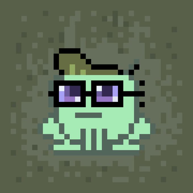 A pixel art illustration of a green alien-like character with purple sunglasses and a brown cap against an olive green background.