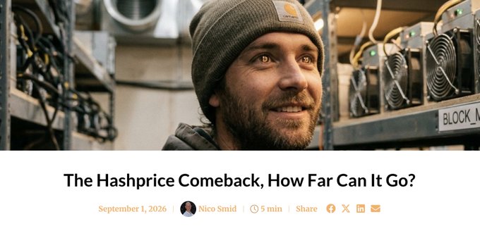 A news article header titled 'The Hashprice Comeback, How Far Can It Go?' dated September 1, 2026, by Nico Smid, showing a man in a beanie in a mining facility.