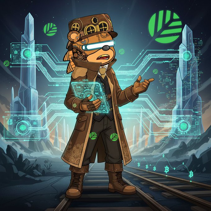 A digital illustration of a steampunk-style anthropomorphic monkey character wearing a top hat and goggles, holding a glowing futuristic tablet, with green logo symbols and Bitcoin signs floating around a high-tech crystalline landscape.