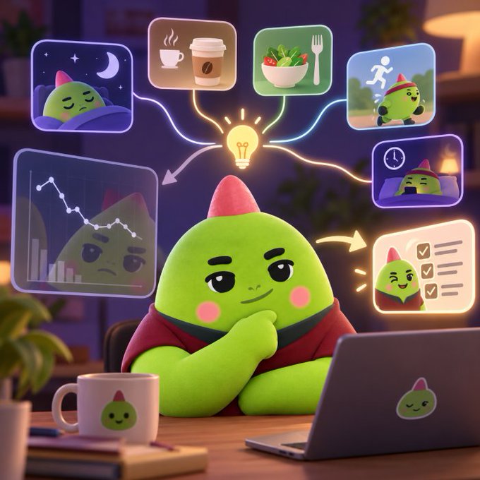 The image shows the Sleepagotchi green blob mascot thoughtfully posed at a laptop, surrounded by floating icons representing different lifestyle areas—sleep, coffee, healthy eating, exercise, and a declining performance graph—all connected to a glowing lightbulb symbolizing holistic insight, with a checklist on the right suggesting actionable outcomes. This visually reinforces the post's message that Sleepagotchi's approach transcends a single-dashboard app, instead weaving together sleep, food, movement, and trends into an integrated agent-driven view of the user's overall health.
