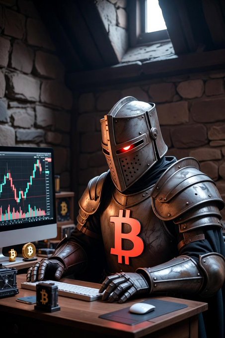 A digital artwork of a knight in medieval armor with a Bitcoin 'B' symbol on the chest and glowing red eyes, sitting at a desk with computer monitors displaying trading charts and Bitcoin symbols.