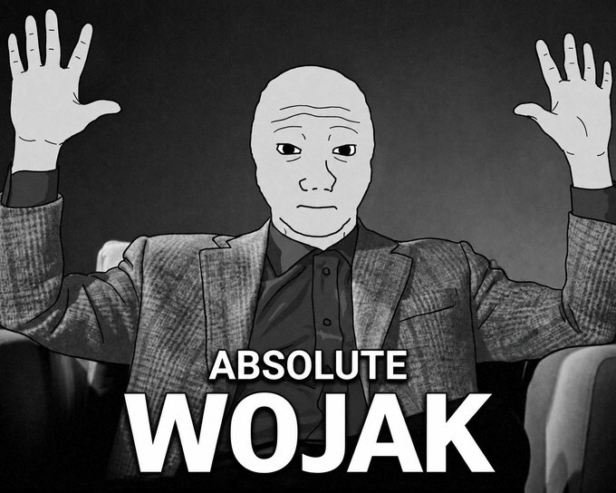 A black-and-white drawing of a bald man in a suit with his hands raised, labeled 'ABSOLUTE WOJAK'.