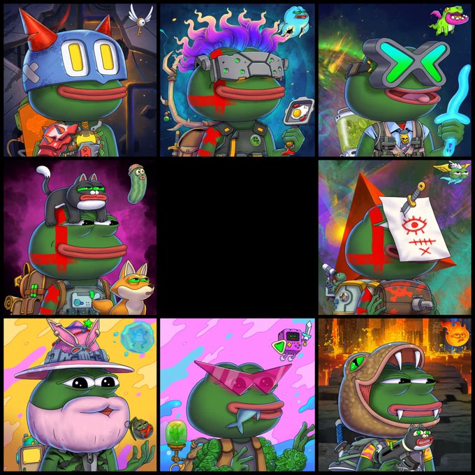 The image is a 3x3 grid featuring various stylized, cartoonish Pepe the Frog characters adorned with different accessories and themes—including VR headsets, cybernetic enhancements, wizard hats, and medieval gear—each set against vibrant, colorful backgrounds. This aligns with the post's message about collecting Pepe Explorers NFTs rather than mindlessly "aping" into them, suggesting a curated showcase of the diverse character collection available.