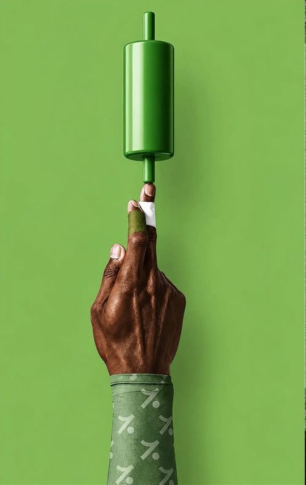 A surreal image featuring a hand reaching up to balance a green rolling pin on its finger, set against a solid green background. The arm is covered by a green sleeve patterned with white '%' symbols.