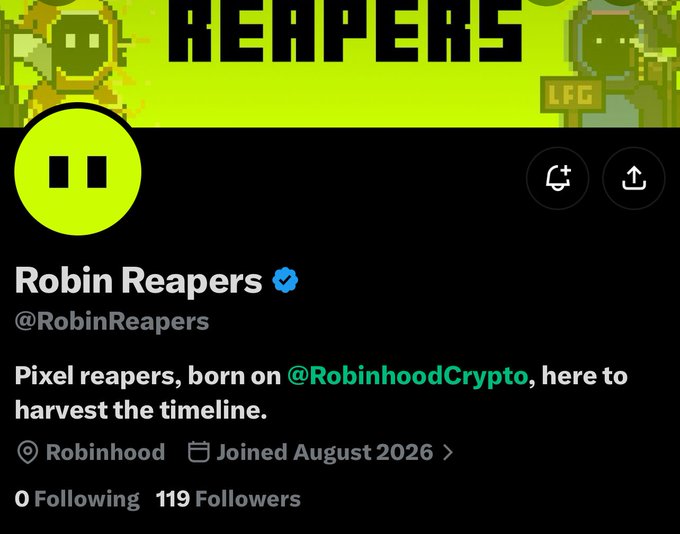 A verified Twitter/X profile for "Robin Reapers" (@RobinReapers) with 119 followers, 0 following, joined August 2026, affiliated with Robinhood and @RobinhoodCrypto. The post promotes the account as "Super Early Alpha" with a 10,000 supply on the Robinhood chain at a $0.5 mint price, with @jackrockz77 handling collaborations and MagnetX eligibility for followers who turn on notifications.