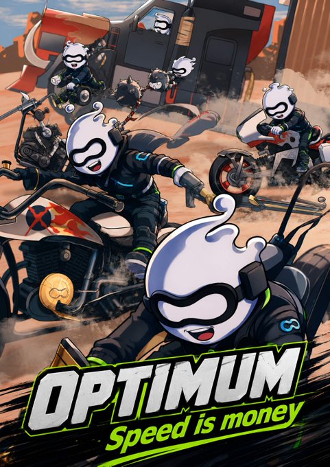 A dynamic digital artwork featuring white ghost-like characters riding motorcycles in a desert setting, with the bold text 'OPTIMUM' and the tagline 'Speed is money' at the bottom.