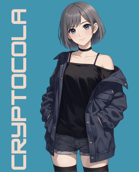 An anime-style illustration shows a blue-haired female character in a black tank top, denim shorts, and a dark blue jacket against a teal background with the text 'CRYPTOCORE'.