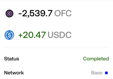 A digital wallet transaction summary shows a deduction of -2,539.7 OFC and an addition of +20.47 USDC, with the status marked as 'Completed' on the Base network.