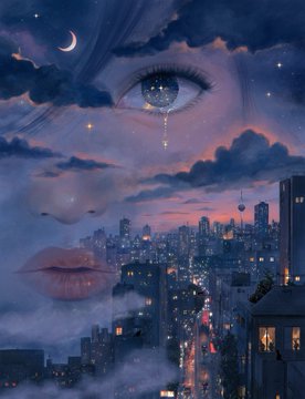 A surreal digital illustration of a woman's face merged with a twilight cityscape, featuring a crescent moon and a single large eye dripping a tear.