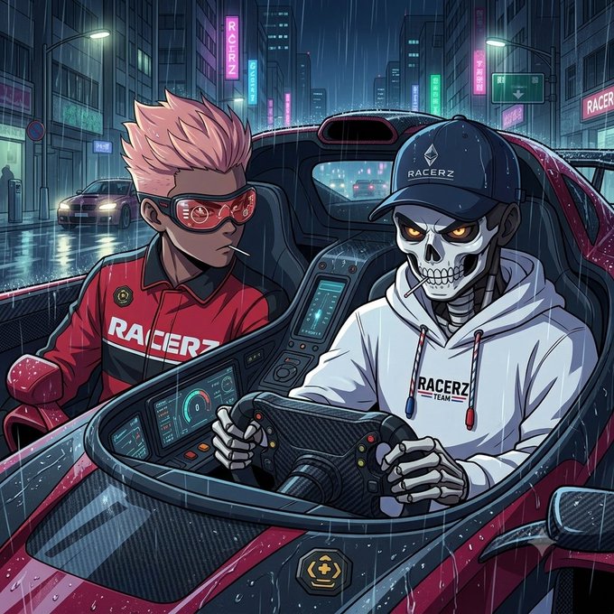An anime-style illustration shows a pink-haired character in a red racing suit and a skeleton in a white hoodie, both labeled 'RACERZ', sitting in a red race car cockpit during a rainy night race.