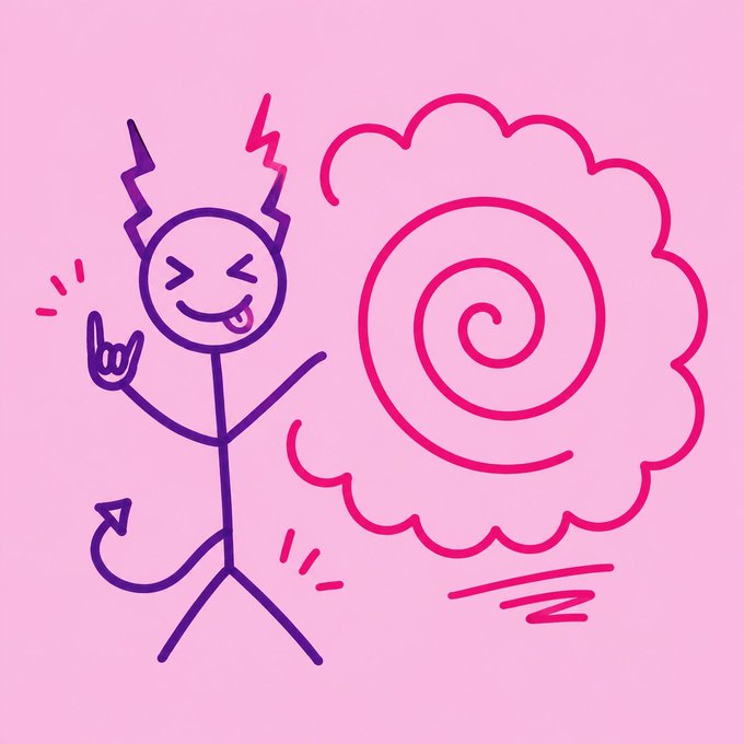 A cartoon devil stick figure with horns and a tail smiling mischievously and pointing toward a large pink cloud of mind-control spiral.