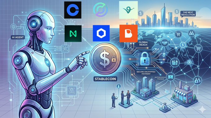 A futuristic AI agent interacts with a digital economy centered around a central "STABLECOIN" token, surrounded by crypto logos and connected to a global network labeled "SECURE ENCRYPTED PAYMENT" and "AUTONOMOUS FINANCE," with "GLOBAL REACH" and "THE NEXT REVOLUTION" displayed over a cityscape skyline. The image visually reinforces the post's argument that AI agents conducting massive onchain transactions will primarily drive stablecoin adoption and payment infrastructure rather than benefiting L1 tokens.