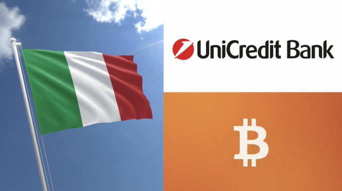 The image is divided into two sections: the left side shows the Italian flag waving against a blue sky, while the right side displays the UniCredit Bank logo above an orange panel featuring a Bitcoin symbol. The visual directly supports the news about UniCredit exploring crypto services in Italy, tying together the bank's national identity with its potential entry into cryptocurrency offerings.