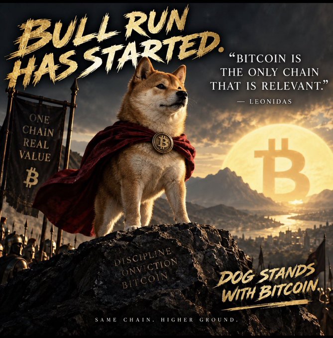 A Shiba Inu dog dressed as a Spartan warrior stands heroically atop a mountain with banners reading "Bull Run Has Started," "One Chain Real Value," and a quote crediting "Leonidas" stating "Bitcoin is the only chain that is relevant," alongside text promoting $DOG with "Discipline, Conviction, Bitcoin," "Dog Stands With Bitcoin," and "Same Chain. Higher Ground." The image reinforces the post's bullish message by depicting $DOG as part of a Bitcoin-aligned "bull run," visually pumping excitement for buying the token while emphasizing Bitcoin maximalism through warrior imagery.