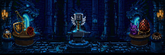 A pixel-art forge scene features a winged anvil statue at the center, flanked by pedestals displaying mystical items like a shield, skulls, and crystal-like objects in a dark blue-lit chamber. The image ties into the giveaway post by visually representing "The Forge" branding of @TheSmithLabs, with the central anvil symbolizing the "Smiths" community being invited to join.