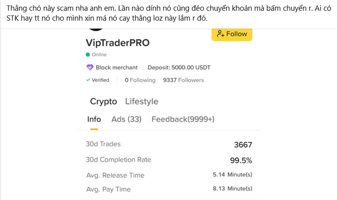 A screenshot showing a Vietnamese warning about a scammer named VipTraderPRO, a Binance P2P user with 9337 followers, 3667 30d trades, and a 99.5% completion rate.