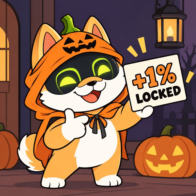 A cartoon illustration shows a cute orange fox wearing a pumpkin Halloween costume, holding a sign that reads "+1% LOCKED" next to a glowing jack-o'-lantern.