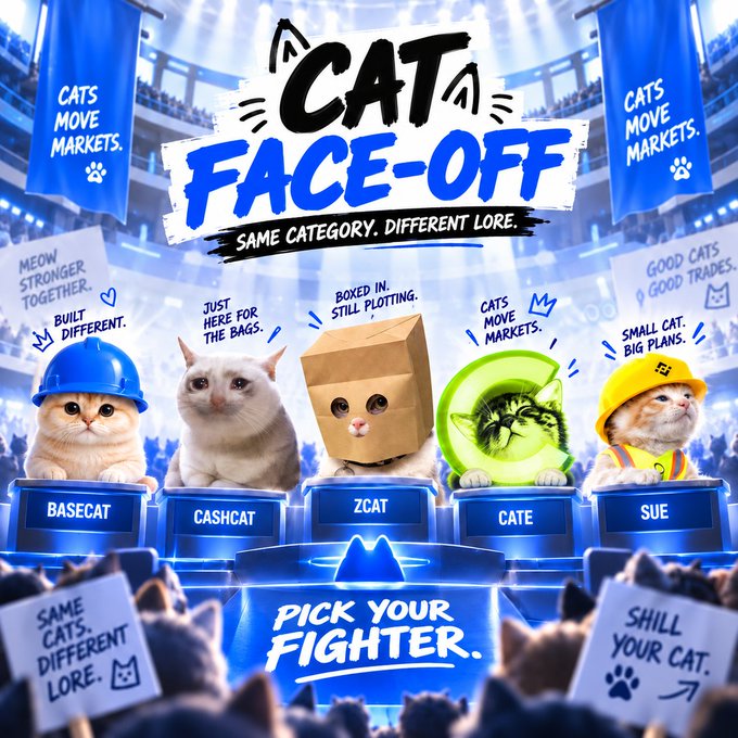 A vibrant "Cat Face-Off" promotional graphic features five cat characters on pedestals—Basecat (wearing a blue hardhat), Cashcat, Zcat (in a cardboard box), Cate (peeking through a green portal), and Sue (in a yellow hardhat)—with slogans like "Pick Your Fighter," "Cats Move Markets," and "Shill Your Cat," visually tying into the post's lineup of meme coin communities. The image serves as a playful "versus screen" to engage the audience in choosing which cat-themed crypto project claims their timeline.