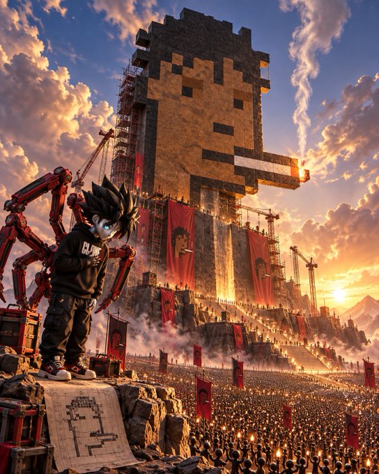 A dramatic digital artwork depicting a stylized character with spiky black hair standing before a massive blocky castle tower, with a large crowd holding torches and red banners below, set against a sunset sky.