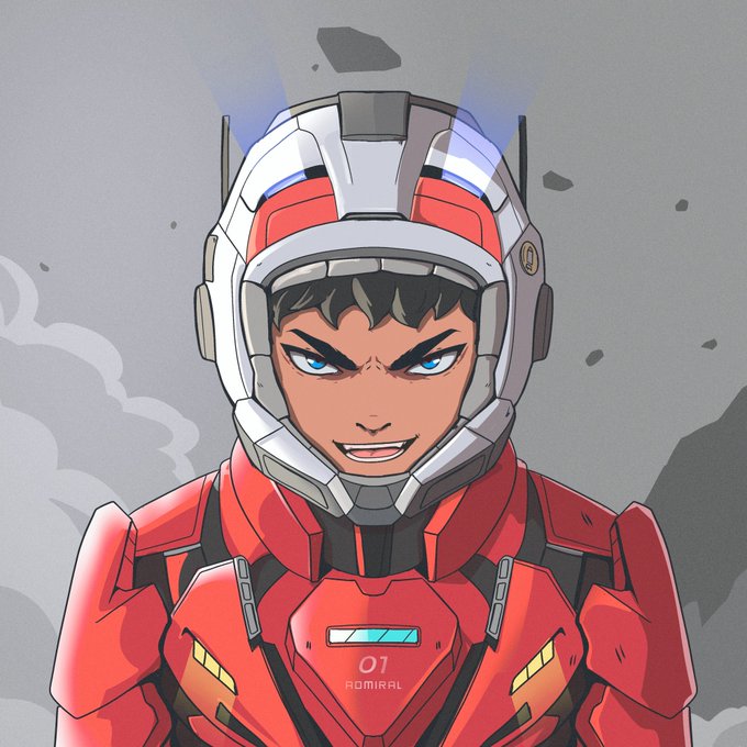 A determined anime-style character in a red and white futuristic racing helmet and armor marked "01 ADMIRAL" gives an intense grin, perfectly matching the racing hype of the @Racerz_eth post.