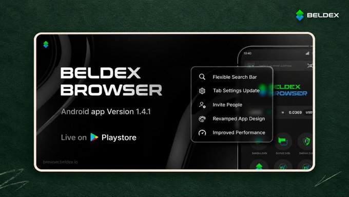 A promotional graphic for the 'BELDEX BROWSER' Android app Version 1.4.1, highlighting features like 'Flexible Search Bar,' 'Tab Settings Update,' and 'Improved Performance,' available on Playstore.