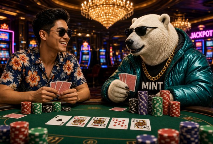 An AI-generated image showing a young man in sunglasses and a floral shirt playing poker against a polar bear wearing sunglasses and a teal jacket, with "MINT" visible and a "JACKPOT" sign in the background.