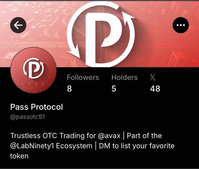 A social media profile page for Pass Protocol (@passotc91) showing 8 followers, 5 holders, and 48 on X, describing trustless OTC trading for @avax.