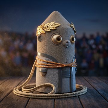 A small cone-shaped figure with large eyes and a golden laurel wreath sits bound with rope on a wooden surface, with a blurred crowd in the background.