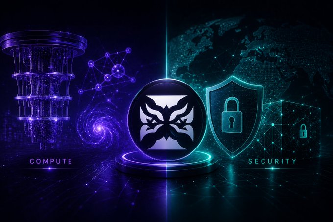 A futuristic digital illustration split between 'COMPUTE' (purple circuitry imagery) and 'SECURITY' (teal shield with padlock), with a central emblem featuring a stylized bird design against a starry cosmic background.
