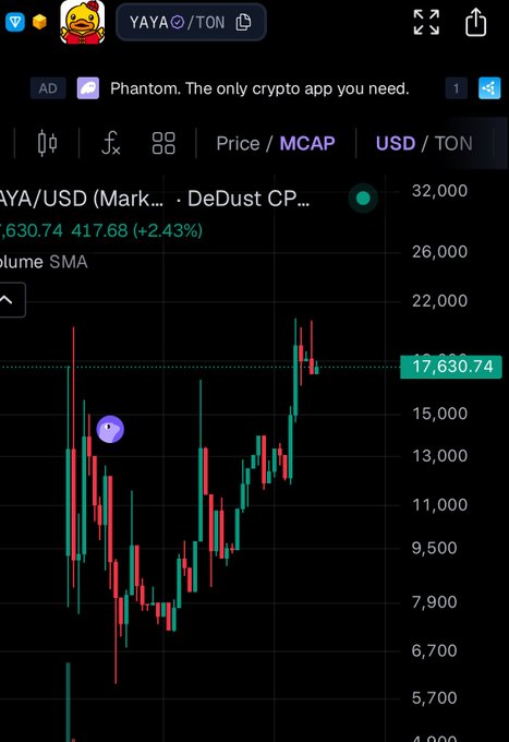 A cryptocurrency price chart on the Phantom app showing YAYA/USD (YAYA/TON) trading on DeDust CP at 17,630.74, up 2.43%, displayed as a red and green candlestick chart.