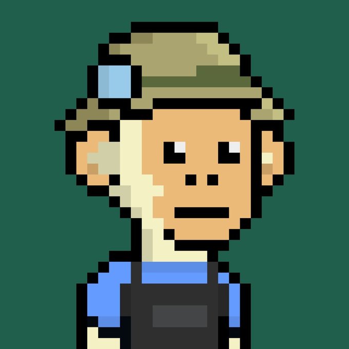 A pixel art portrait of a character wearing a green hat with a headlamp and blue overalls against a teal background, resembling a Minecraft-style design.