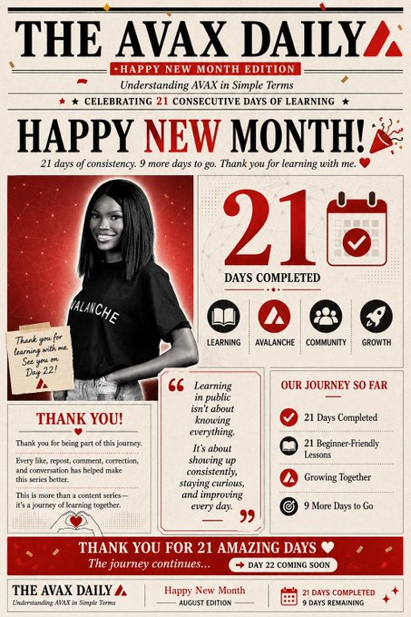 A celebratory newsletter page titled 'THE AVAX DAILY' marking 'HAPPY NEW MONTH!' with 21 days completed, featuring a woman in a black 'AVALANCHE' t-shirt and icons for Learning, Avalanche, Community, and Growth.