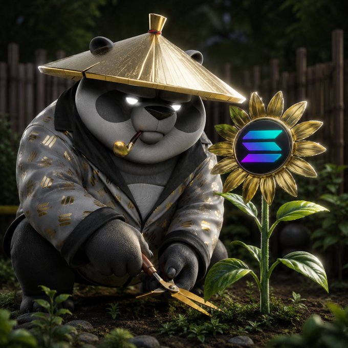 A panda wearing a samurai hat and smoking a pipe tends to a garden, with a sunflower displaying the Solana logo beside him. The image ties into the post's motivational message about clearing away distractions (weeds) to nurture what truly matters, symbolized by the crypto sunflower ready to grow.