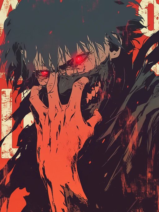 A dramatic dark anime-style illustration of a menacing figure with glowing red eyes and sharp teeth, with a red-tinted hand reaching forward against a grungy red and black background.