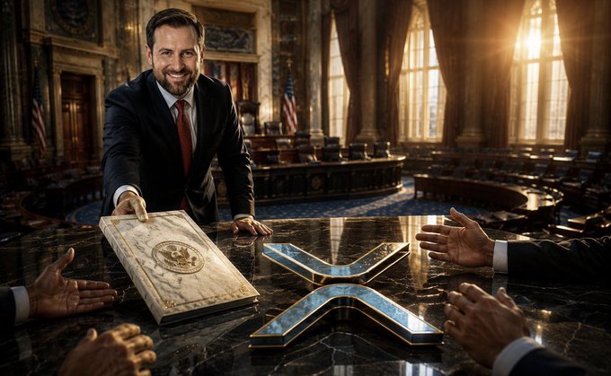 A man resembling JD Vance smiling in a formal governmental chamber, holding out a marble-bound book toward hands reaching from across a dark marble table featuring a large metallic 'X'.