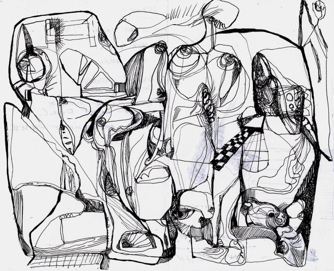 A chaotic black ink drawing with abstract, sketchy figures and fragmented shapes that loosely suggests a group of characters gathered together, matching the theme "Where they hang out." The artwork has a wild, doodle-like quality with distorted faces and intertwined forms filling the page. No readable text or numbers appear within the drawing itself.