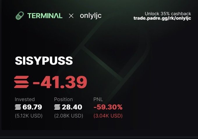 The image shows a trading dashboard for the token "SISYPUSS" displaying a significant loss of -41.39%, with $69.79 invested (5.12K USD) dropping to a $28.40 position (2.08K USD), resulting in a -59.30% PNL (3.04K USD loss). This devastating loss illustrates the post's point about why KOLs avoid interacting with tokens, as the "SISYPUSS" ticker itself is a meme reference to the futile, Sisyphean effort of trying to help a project whose community has been abandoned.