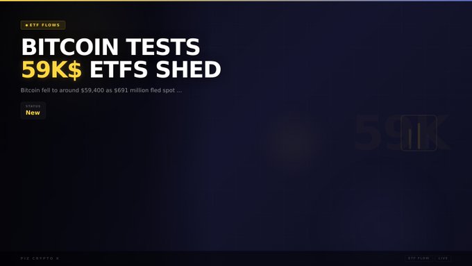 The image shows a crypto news graphic titled "BITCOIN TESTS 59K$ ETFS SHED" under the "ETFs FLOWS" tag, with subtitle text reading "Bitcoin fell to around $59,400 as $691 million fled spot" and a "New" label. The accompanying post elaborates on this headline, noting the $692 million ETF sell-off as the largest since May amid concerns over a $10.6B options expiry.
