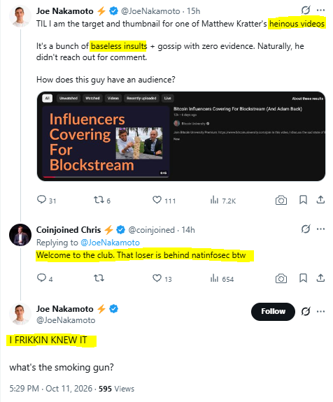 A Twitter/X thread by Joe Nakamoto (@JoeNakamoto) discussing being the target of Matthew Kratter's videos, with Coinjoined Chris replying. The post includes screenshots of a YouTube video titled 'Bitcoin Influencers Covering For Blockstream'.