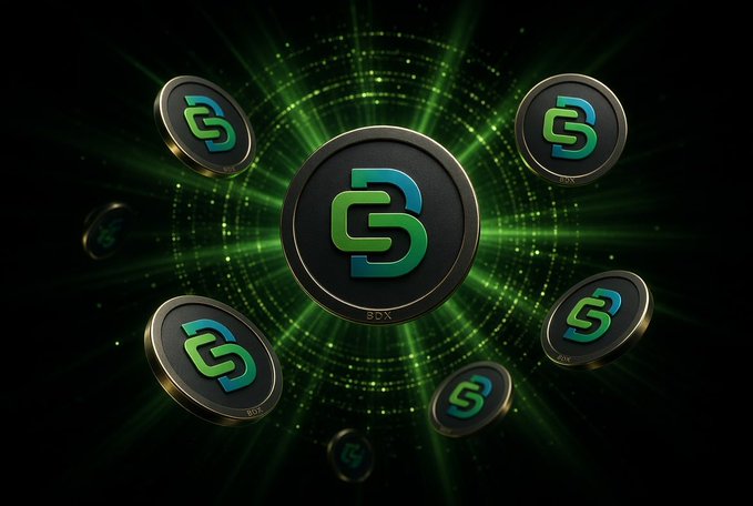 A digital graphic displays multiple dark metallic coins featuring a green and blue "S" logo floating against a swirling green digital background, with labels like "BPX" visible on some coins.