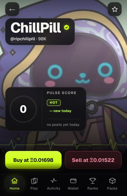 A mobile app interface displaying the 'ChillPill' cryptocurrency token (@ripchillpill) with a Pulse Score of 0 marked 'HOT' and 'new today', showing a Buy at Ξ0.01698 and Sell at Ξ0.01522.