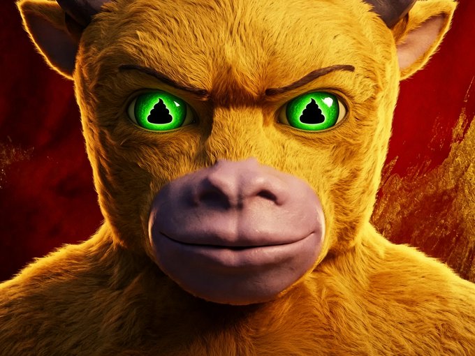A close-up, 3D-animated character with orange fur, a pink snout, and striking green eyes set against a red background.