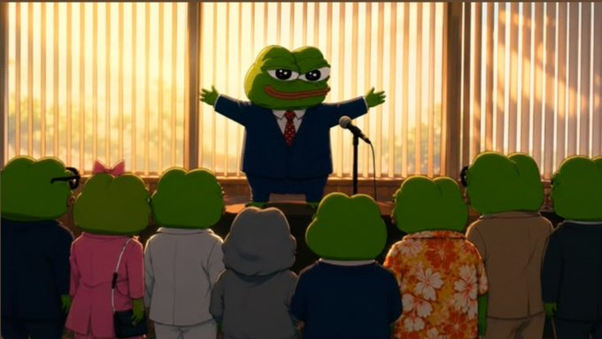 An animated scene features a frog in a business suit speaking at a podium to an audience of other frogs, with sunlight streaming through vertical blinds in the background.