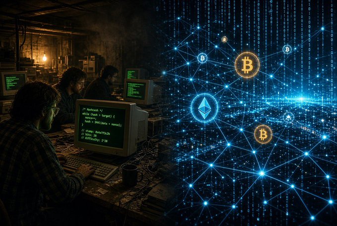 A composite image showing a person coding on a vintage computer on the left, and cryptocurrency symbols (Bitcoin and Ethereum) connected by a network of glowing nodes on the right, with code visible on the screen including "/ hash - target" and "/ wallet: 0x4673b".