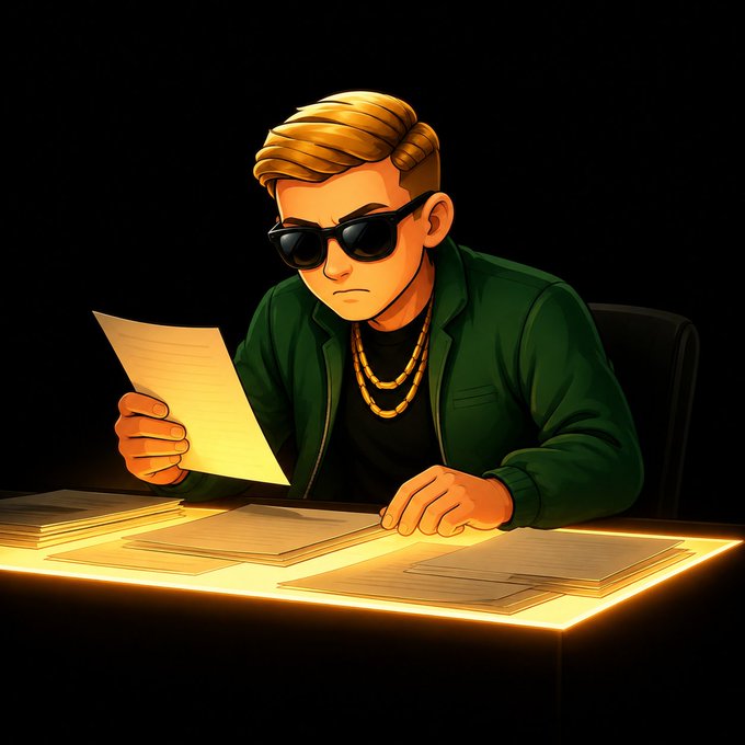 A cartoon illustration shows a blonde man wearing dark sunglasses and a green jacket, sitting at a glowing table and reviewing documents under dramatic lighting, symbolizing the careful review and announcement of the 1win Token's upcoming launch and AMA recap.